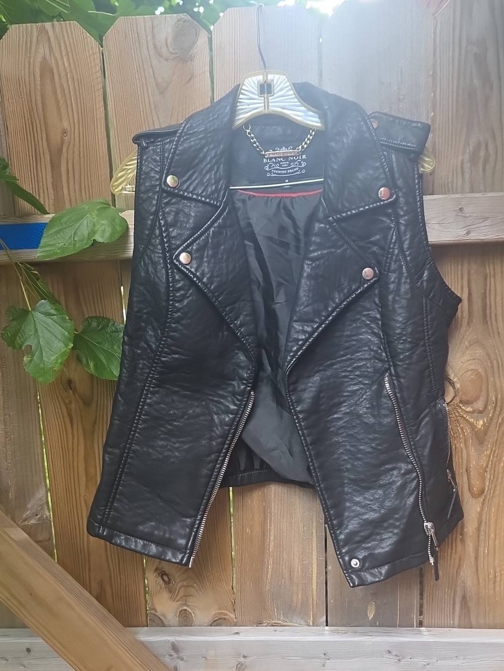 blanc noir Black Faux Leather Moto Vest with Zip Details